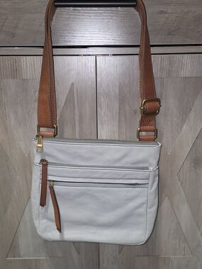 Fossil Gray Crossbody Bag with Tan Strap